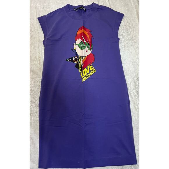 LOVE MOSCHINO SLEEVELESS MINI DRESS-SIZE 4-COTTON-PURPLE w GRAPHIC-PRE OWNED - Picture 1 of 4